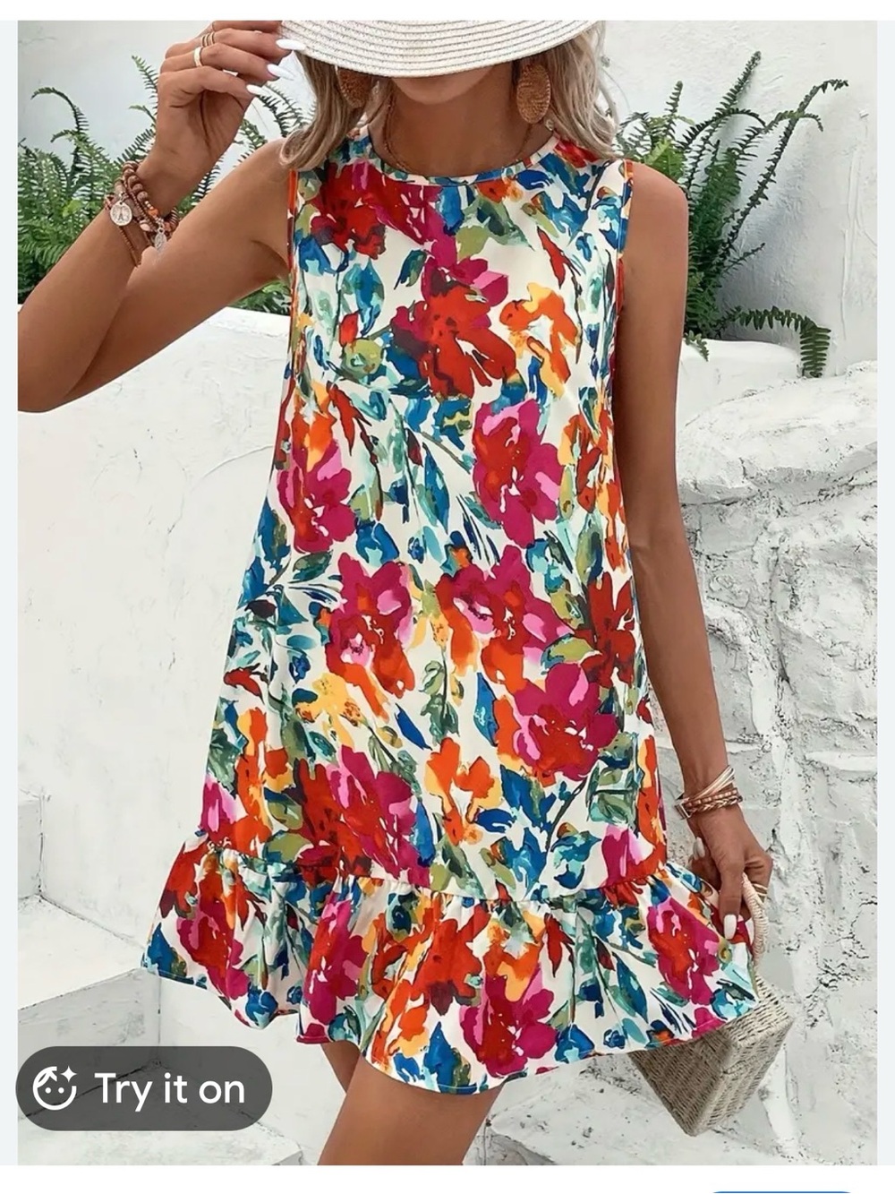 Artsy Bright Floral Ruffle-Hem Sleeveless Dress - Pink Multi